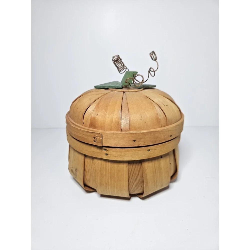 Pumpkin Wooden Bushel Basket with Lid Orange Halloween Fall Decor 6
